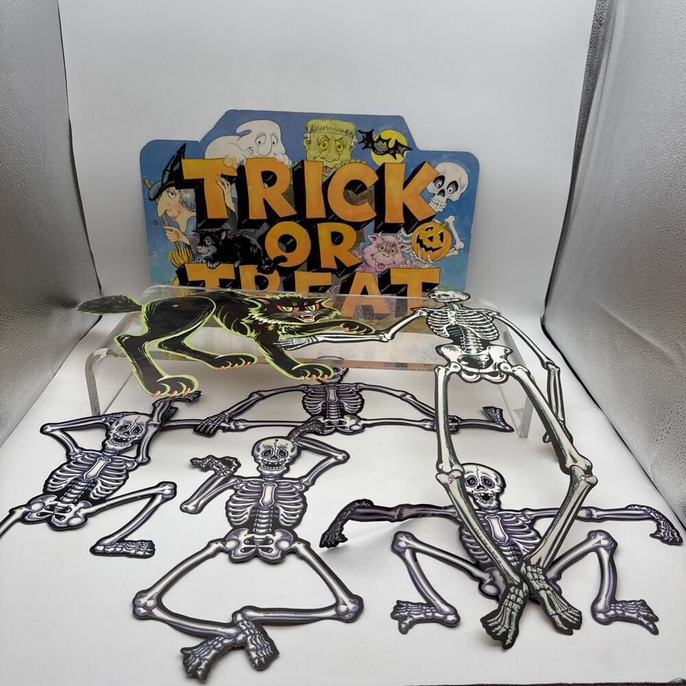 Lot Vintage Beistle 22" Skeleton 8" Cat Jointed Bag O Bones Halloween Die Cuts